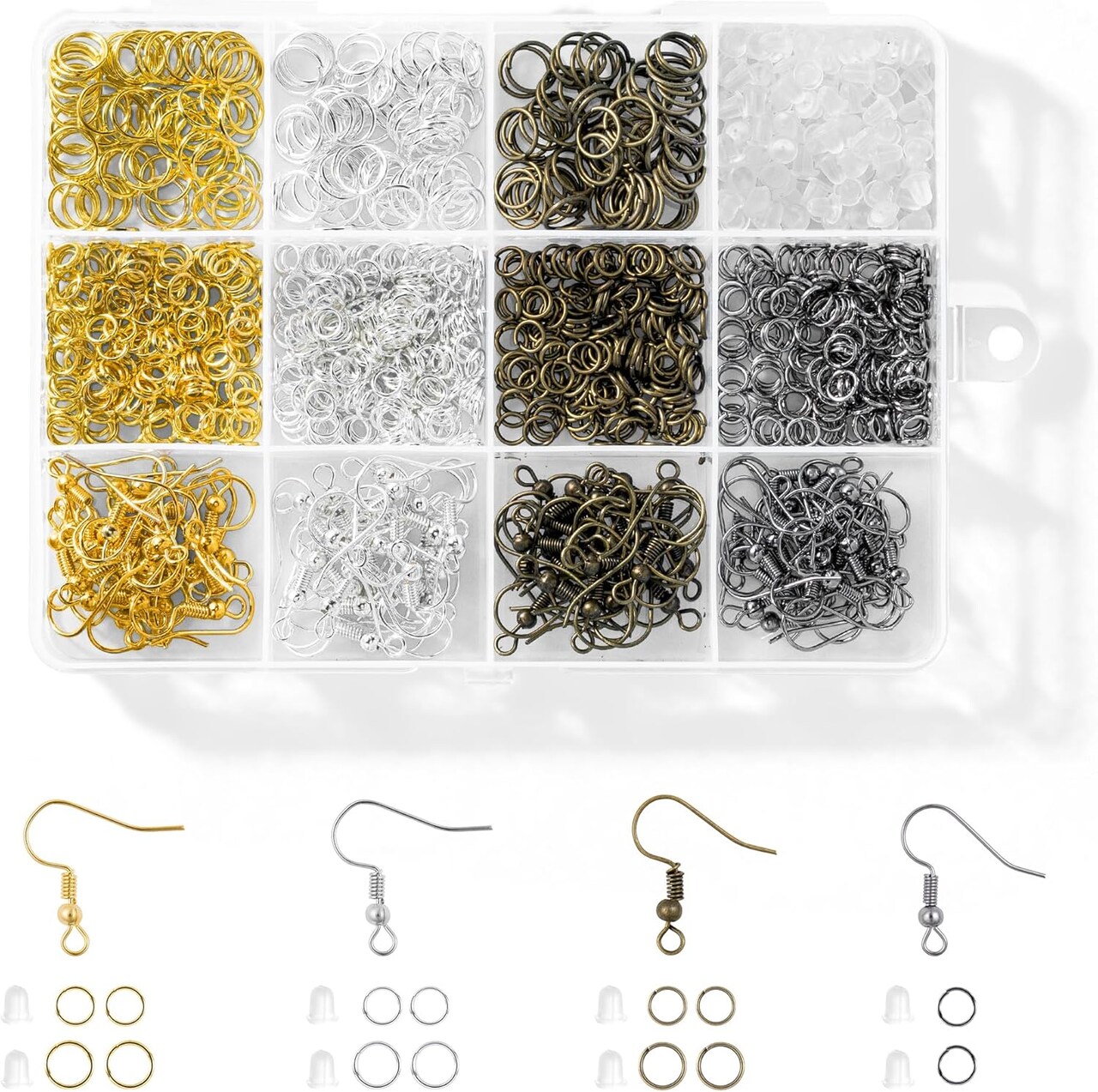 4 Colors Earring Hooks, 890 Pcs Earring Making Supplies Kit with Hypoallergenic Ear Wires Hooks, Open Jump Rings and Earring Backs for Jewelry Making Findings